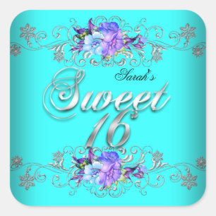 Sweet 16 Sweet Sixteen Blauwgroen paarse bloemen Vierkante Sticker