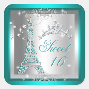 Sweet 16 Sweet Sixteen Blauwgroen Tiara Eiffel Tow Vierkante Sticker