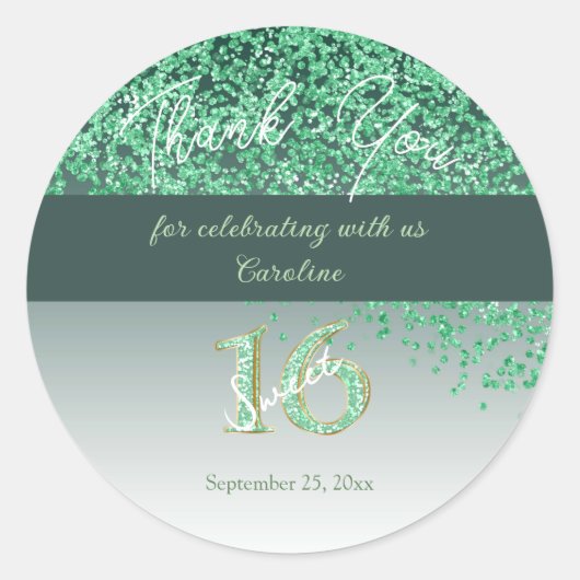 Sweet 16 Thank You Falling Green Glitter Ronde Sticker (Voorkant)