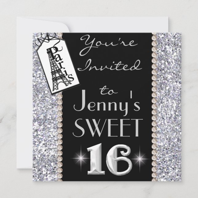 SWEET 16 Theme Paris Bling Party Invitation Kaart (Voorkant)