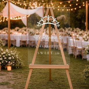 Sweet 16 tiara wit heldere feest welkom acryl bord