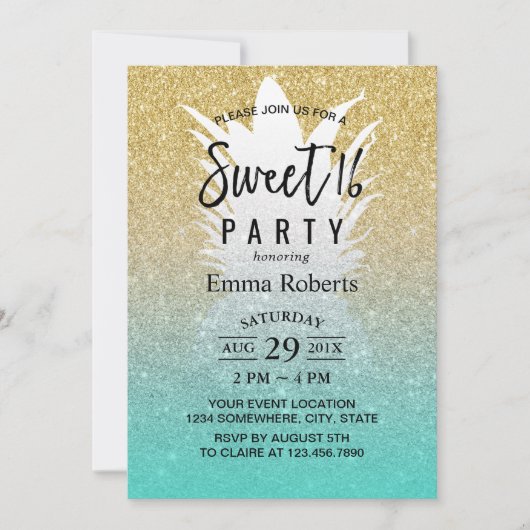 Sweet 16 Tropische ananas Modern Gold Glitter Kaart (Voorkant)
