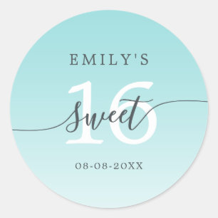 Sweet 16 Turquoise Blau Ombre Aangepaste Naam Datu Ronde Sticker