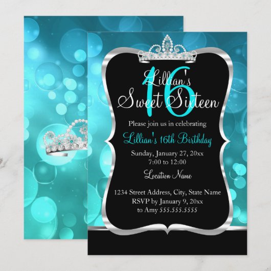 Sweet 16 Turquoise Bleu Noir Tiara Invitation (Devant / Derrière)