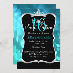 Sweet 16 Turquoise Bleu Noir Tiara Invitation