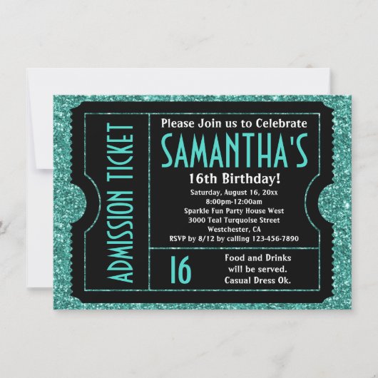 Sweet 16 Turquoise Blue Sparkle Ticket Kaart (Voorkant)
