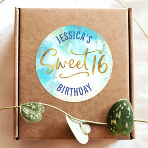 Sweet 16 Turquoise Waterverf Goud Script Verjaarda Ronde Sticker