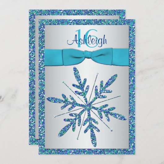 Sweet 16 Uitnodiging | AFGEDRUKTE BOW | Snowflake  (Voorkant / Achterkant)