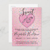 Sweet 16 Uitnodiging met roze hart en speckles (Voorkant / Achterkant)