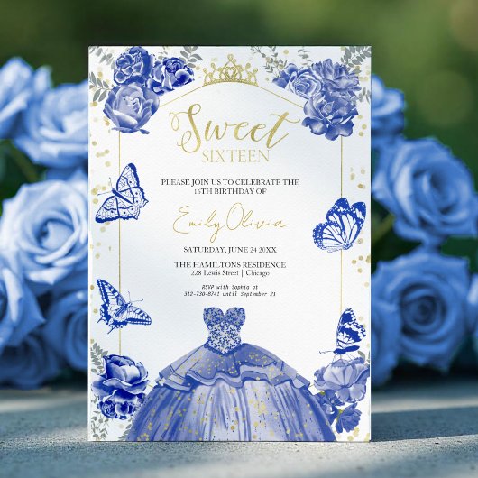 Sweet 16 Uitnodiging Royal Blue Dress Vlinder