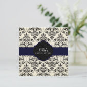 Sweet 16 | Uitnodiging voor blauw en zwart damast (Staand voorkant)