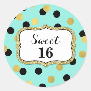 Sweet 16 Verjaardag Blauwgroen Zwart Goud Confetti Ronde Sticker