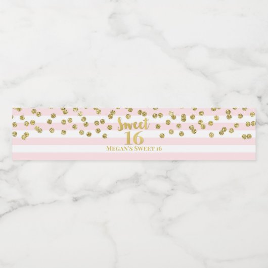 Sweet 16 Verjaardag Goud Confetti Roze Strepen Waterfles Etiket (Enkel label)