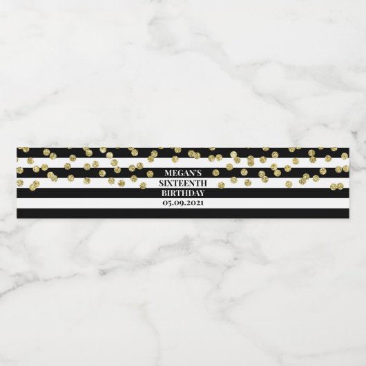 Sweet 16 Verjaardag Goud Confetti Zwart Strepen Waterfles Etiket (Enkel label)