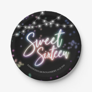 Sweet 16 Verjaardag Kleurrijke Neon Gloed Donker F Papieren Bordje
