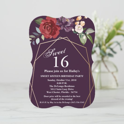 Sweet 16 Verjaardag Nodig pruim Paarse Rozen Goud Kaart (Staand voorkant)