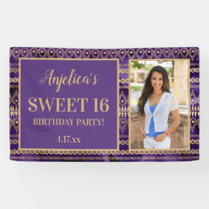 Sweet 16 Verjaardag Paars Goud Boho Foto Spandoek