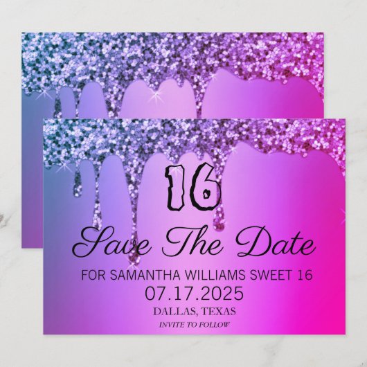 Sweet 16 Verjaardag Paarse Sparkle Glitter Drips Save The Date (Voorkant / Achterkant)