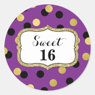 Sweet 16 Verjaardag Paarse Zwart Goud Confetti Ronde Sticker