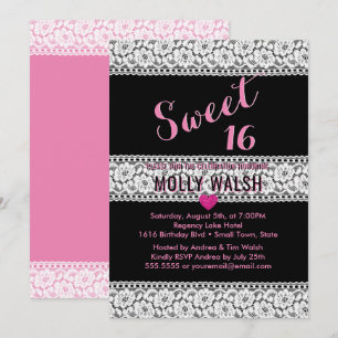Sweet 16 Verjaardag Party Kant Zwart Roze Hart Kaart
