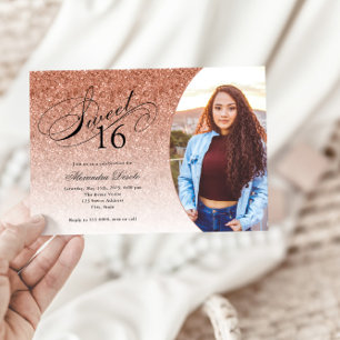 Sweet 16 Verjaardag Roos Gouden Glitter Glam Foto Kaart