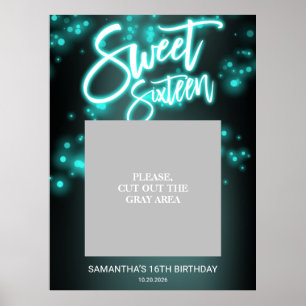 Sweet 16 Verjaardag Teal Neon Gloed Donkere Feest Poster