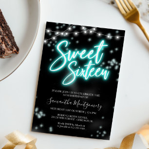 Sweet 16 Verjaardag Teal Neon Glow Donker Feest Kaart