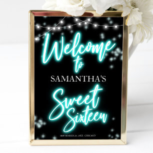 Sweet 16 Verjaardag Teal Neon Glow Welkom Bord Poster