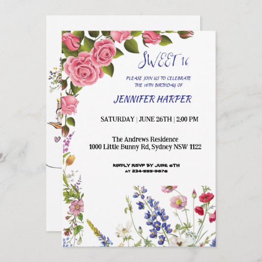 Sweet 16 Verjaardag Uitnodiging met Roze Rozen en (Voorkant / Achterkant)