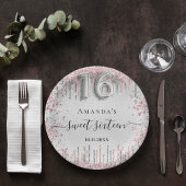 Sweet 16 verjaardag zilverroze metalen glitterscri papieren bordje