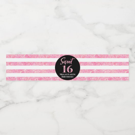 Sweet 16 Verjaardag Zwart Roze Strepen Waterfles Etiket (Enkel label)