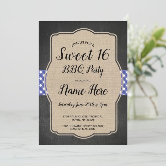 Sweet 16 Verjaardagsfeest BBQ Blue Gingham Burlap Kaart (Staand voorkant)