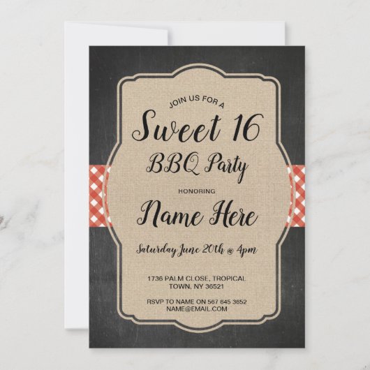 Sweet 16 Verjaardagsfeest BBQ Red Gingham Burlap Kaart (Voorkant)