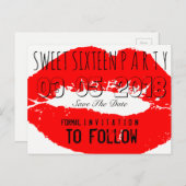 Sweet 16 Verjaardagsfeest Save The Date Red Lips Aankondigingskaart (Voorkant / Achterkant)