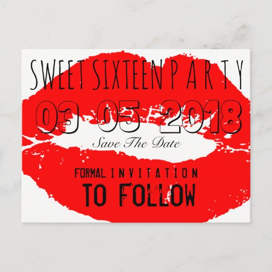 Sweet 16 Verjaardagsfeest Save The Date Red Lips Aankondigingskaart (Voorkant)