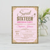 Sweet 16 verjaardagsfeest uitnodiging roze en goud (Staand voorkant)