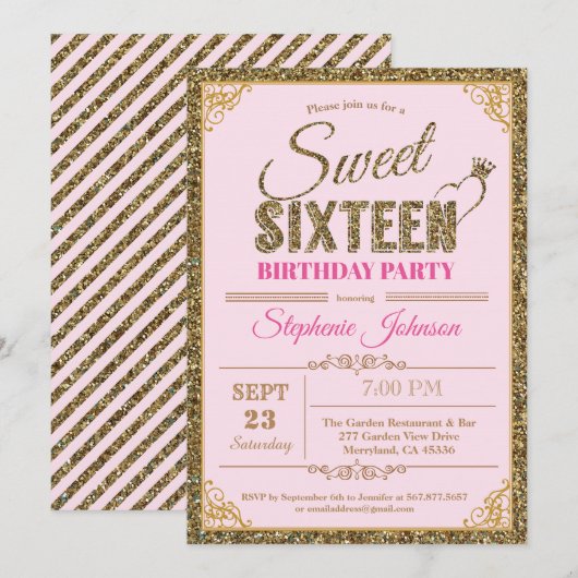 Sweet 16 verjaardagsfeest uitnodiging roze en goud (Voorkant / Achterkant)