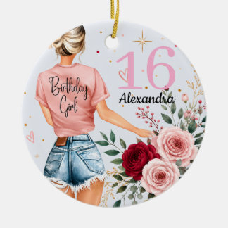Sweet 16 Verjaardagsmeisje Aangepaste Naam Roos Bl Keramisch Ornament