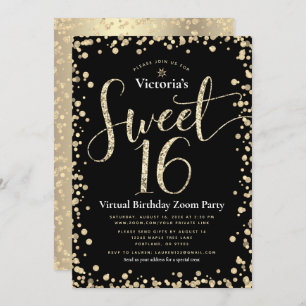Sweet 16 Virtual Girly Gold Black Glitter Birthday Kaart