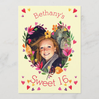 Sweet 16 Waterverf Bloemen Hart Krans Foto Kaart