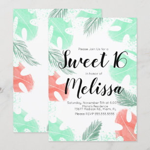 Sweet 16 Waterverf Monstera Coral Mint Leaves Kaart
