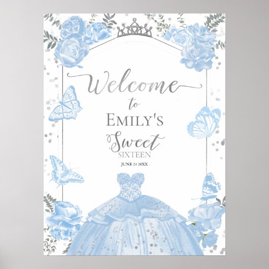 Sweet 16 Welkomstbord Vlinder Stoffig Blauw Jurkje Poster (Voorkant)