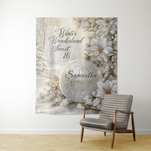 Sweet 16 Winter Wonderland Zilveren Glitter Orname Wandkleed