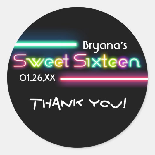 SWEET 16 Zestien Neon Glow Zwarte Feeststicker Ronde Sticker (Voorkant)