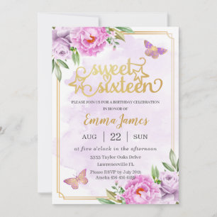 Sweet 16 Zestien Paarse Lila Floral Butterflies Kaart