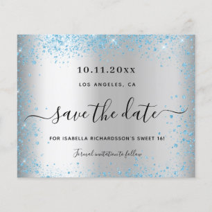 Sweet 16 zilver blauw budget save the date flyer