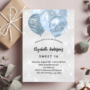 Sweet 16 zilverblauwe glitterballonnen glamoureus kaart