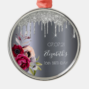 Sweet 16 zilveren glitter druppelt bloembogundy metalen ornament