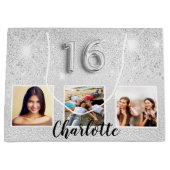 Sweet 16 zilverglitterfotomonogram groot cadeauzakje (Voorkant)