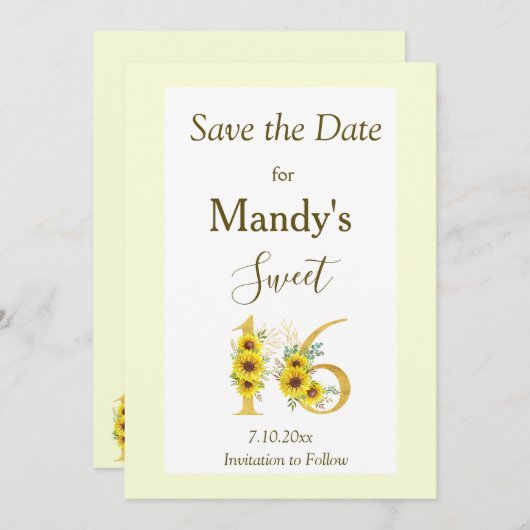 Sweet 16 Zonnebloem Verjaardag Save The Date (Voorkant / Achterkant)